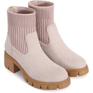 ⚡Women's Tan Platform Chelsea Ankle Boots Low Chunky Heel Mid Calf Back Zipper